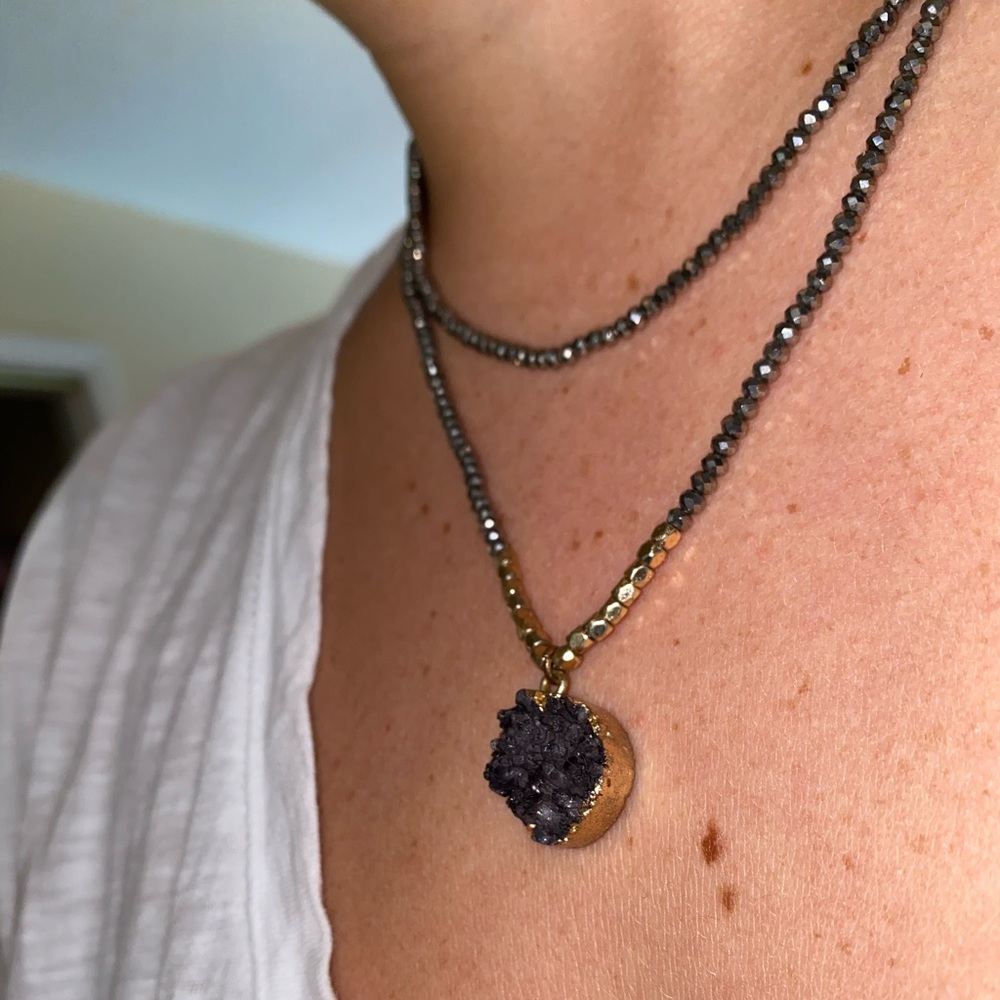 Druzy Two Chain Beaded Necklace